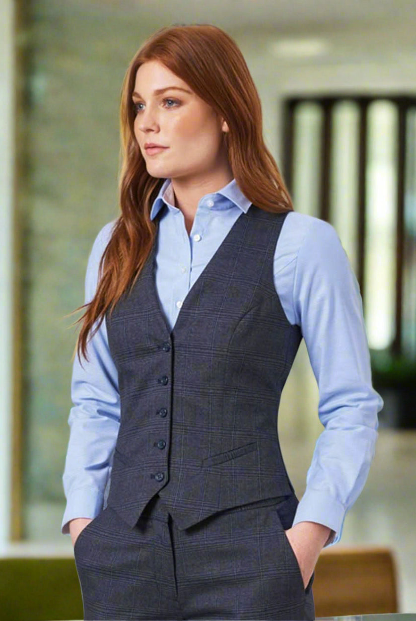 2363: Olivia Check Ladies Waistcoat Ladies Waistcoat Brook Taverner Navy Check XS