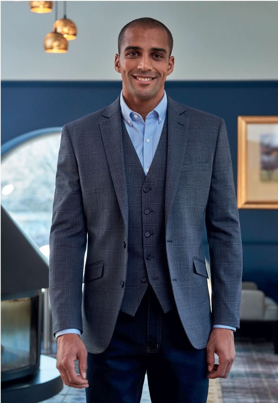 4373: Lucio Mens Slim Fit Jacket Mens Suit Jacket Brook Taverner Navy Check 36" Short