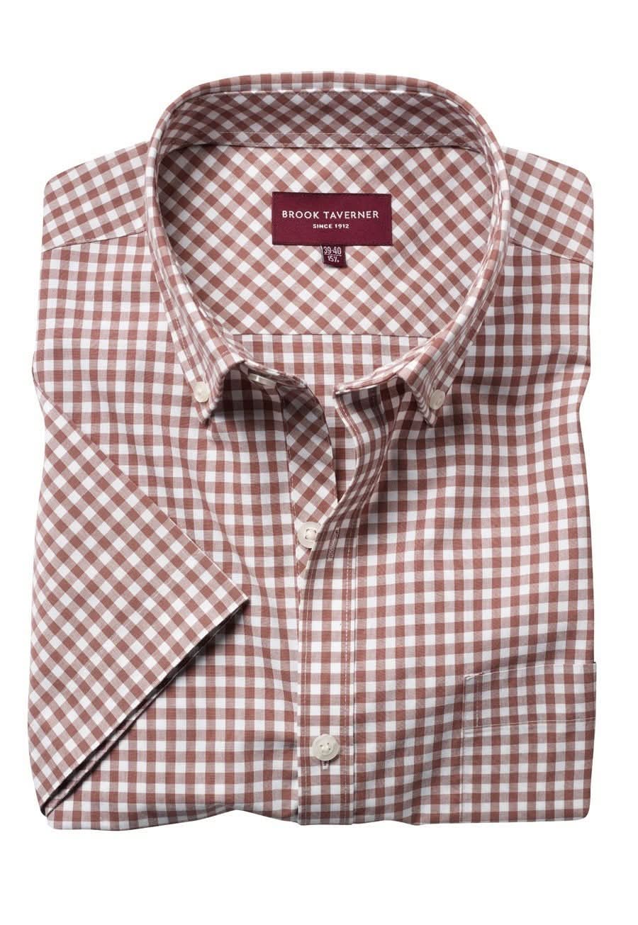 Portland Mens Gingham Shirt Mens Short Sleeve Shirts Brook Taverner Brown 14"