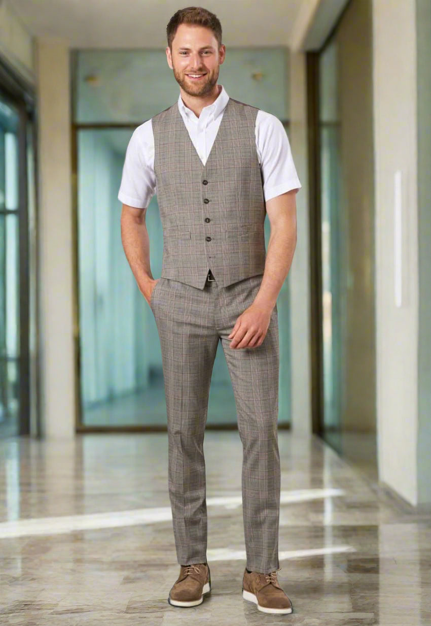 8934: Fabian Mens Slim Fit Checked Trouser Mens Suit Trouser Brook Taverner Grey Check 28 Short