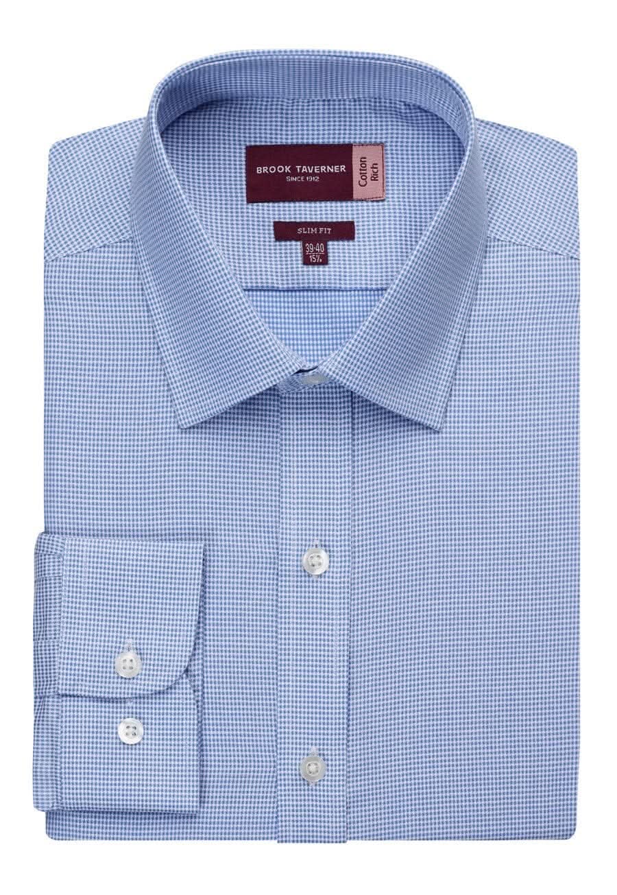 Monza Mens Slim Fit Shirt Mens Long Sleeve Shirts Brook Taverner Blue Houndstooth 14"