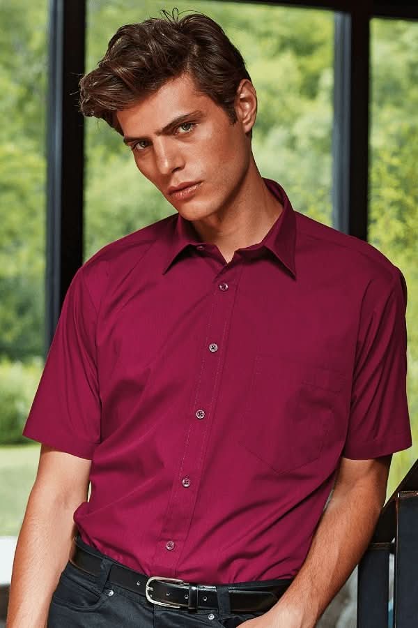 PR202: Mens Short Sleeve Poplin Shirt Mens Short Sleeve Shirts Premier Burgundy 14.5"