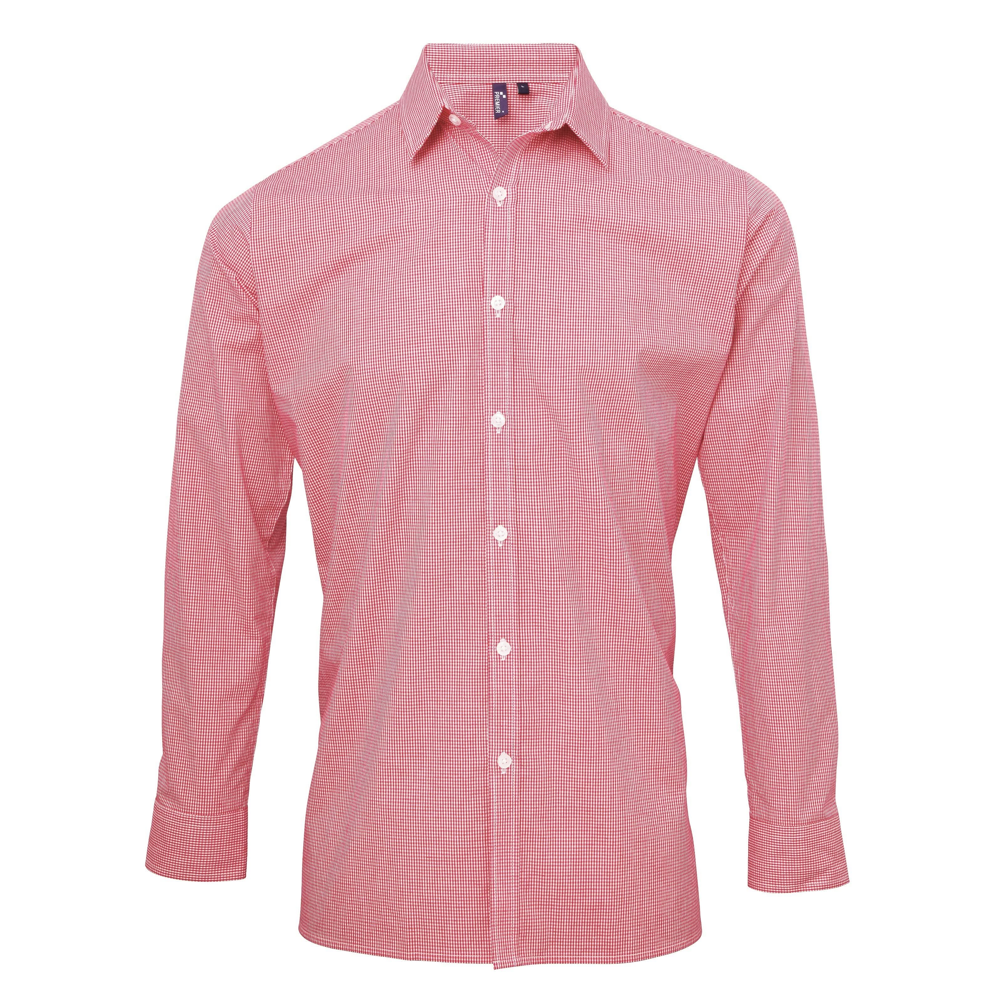 PR220: Mens Microcheck Shirt Mens Long Sleeve Shirts Premier Red/White XS