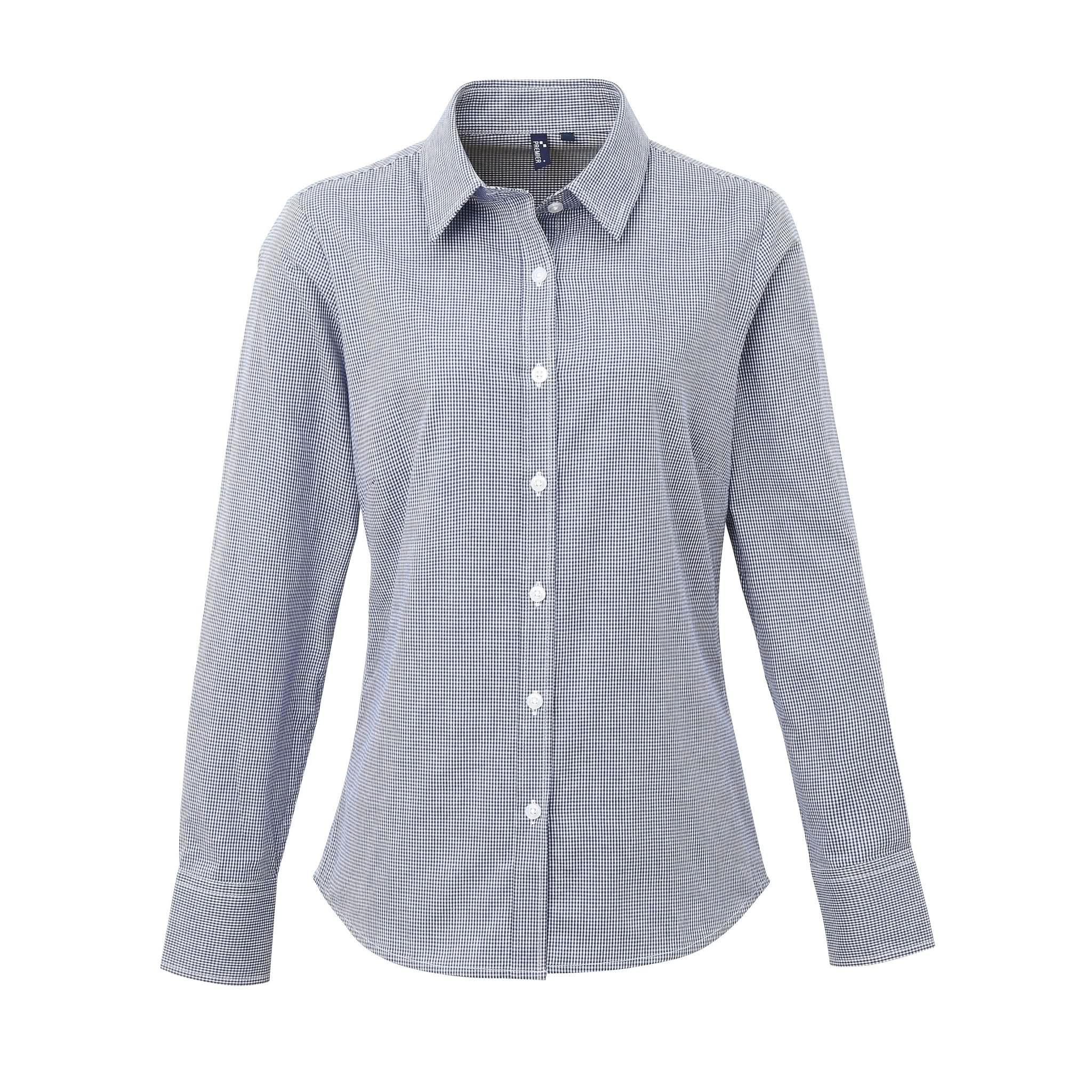 PR320: Ladies Microcheck Shirt Womens Long Sleeve Shirts Premier Navy/White XS