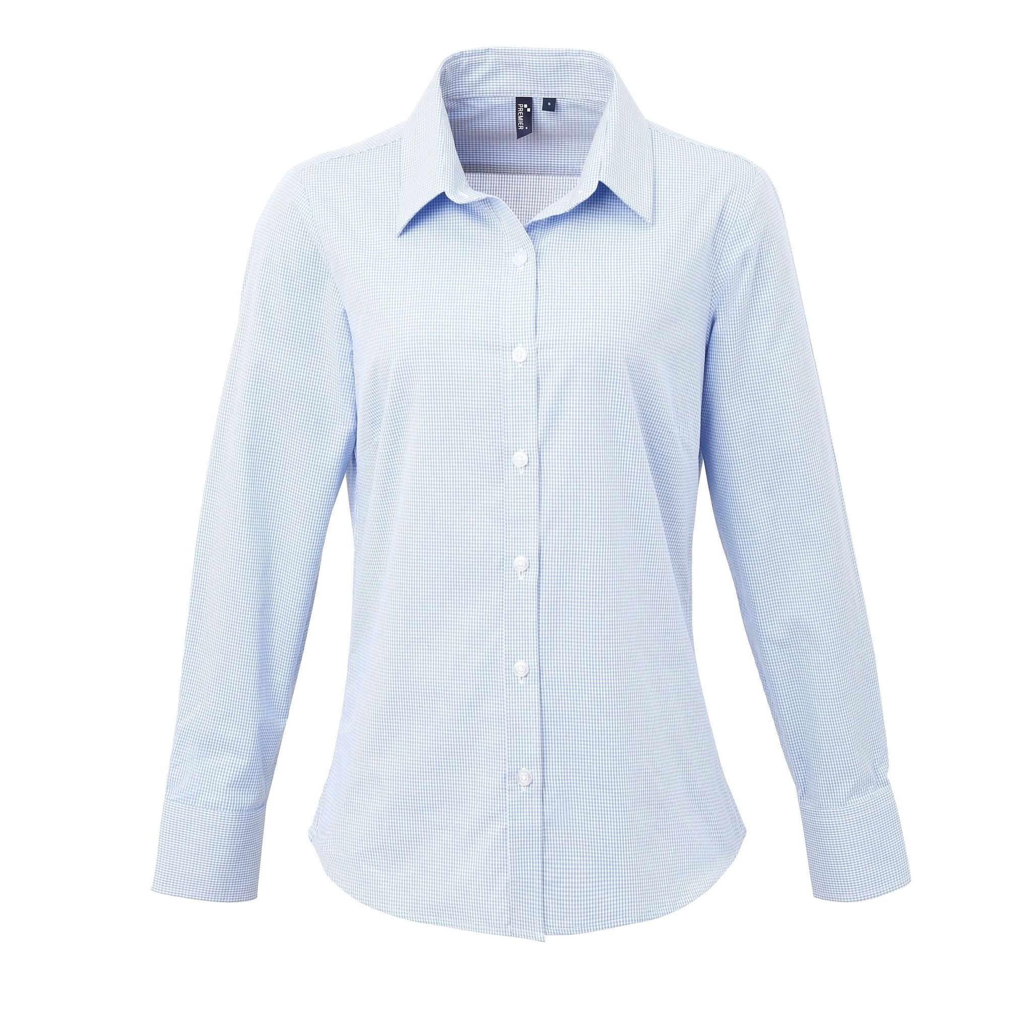 PR320: Ladies Microcheck Shirt Womens Long Sleeve Shirts Premier Light Blue/White XS