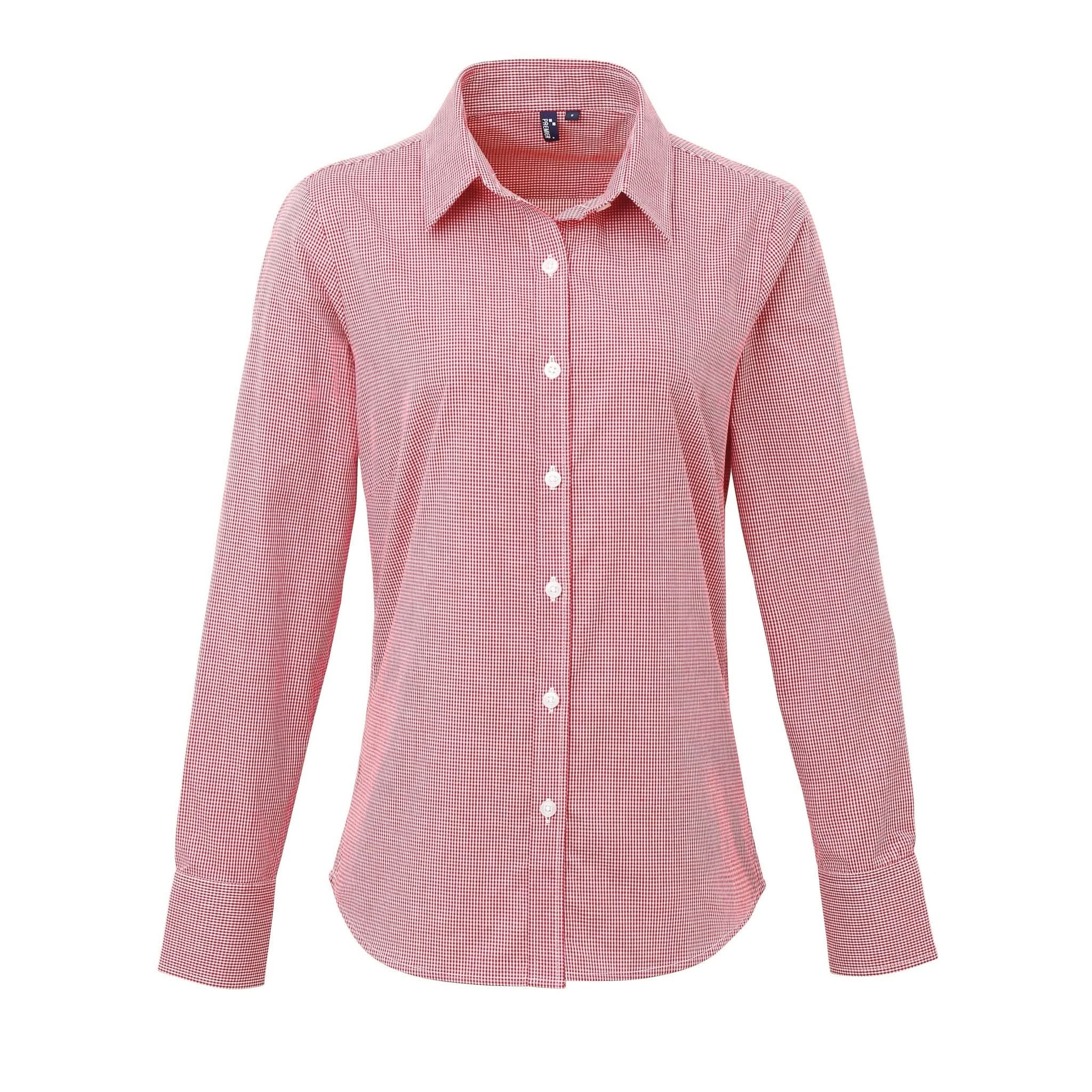 PR320: Ladies Microcheck Shirt Womens Long Sleeve Shirts Premier Red/White XS