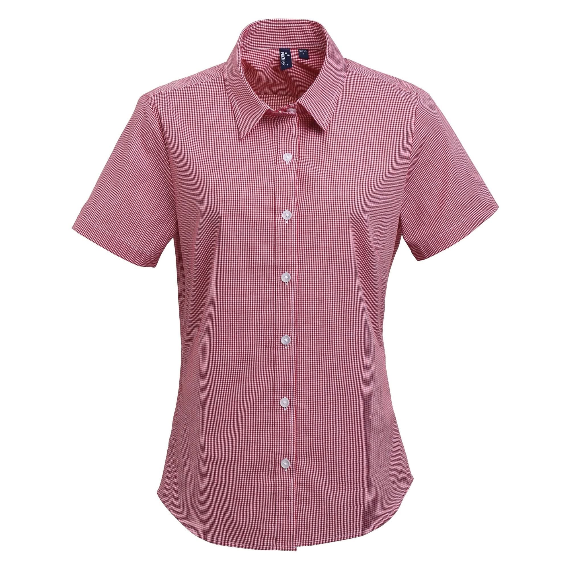 PR321: Ladies Microcheck Shirt Womens Short Sleeve Shirts Premier Red/White XS