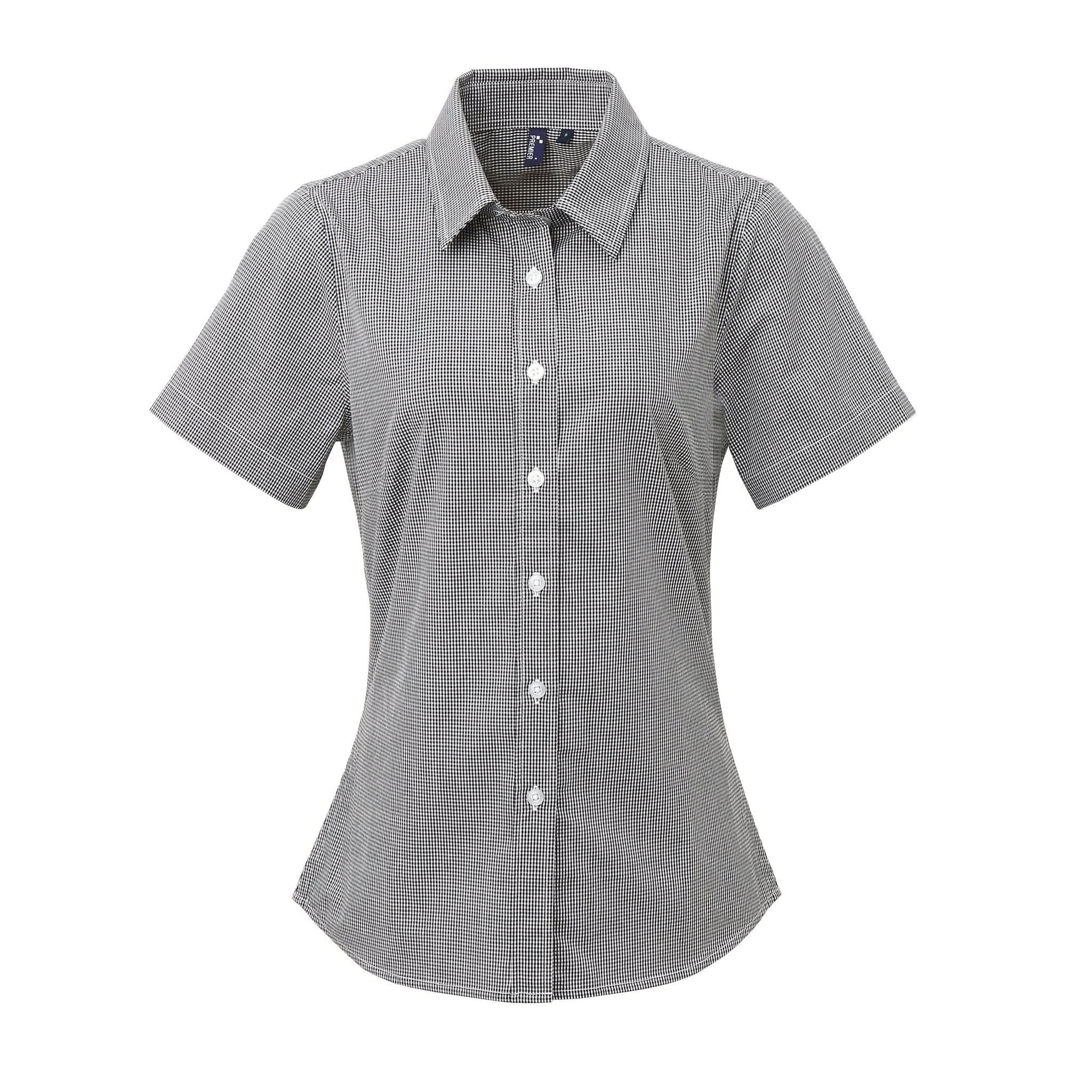 PR321: Ladies Microcheck Shirt Womens Short Sleeve Shirts Premier Black/White XS