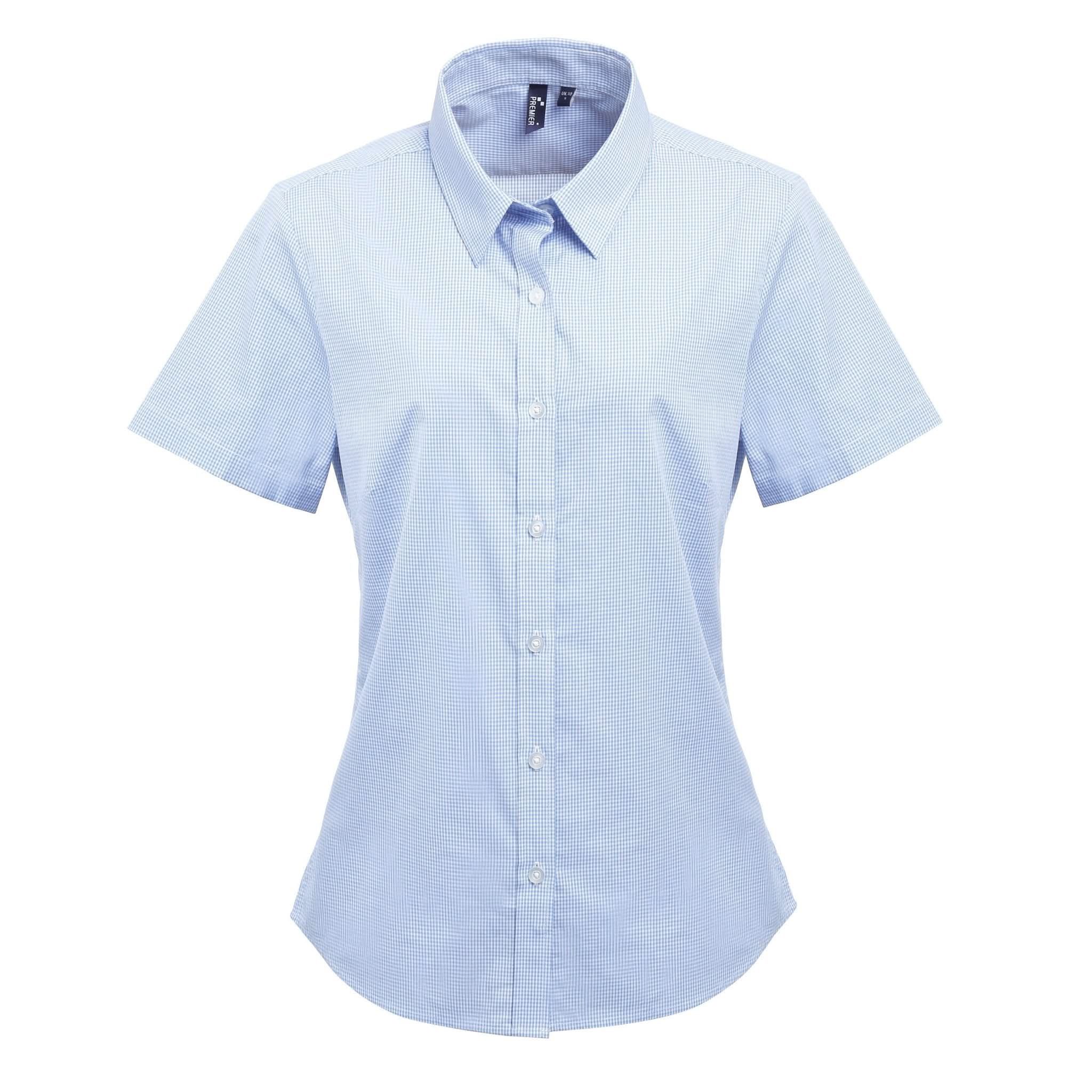 PR321: Ladies Microcheck Shirt Womens Short Sleeve Shirts Premier Light Blue/White XS