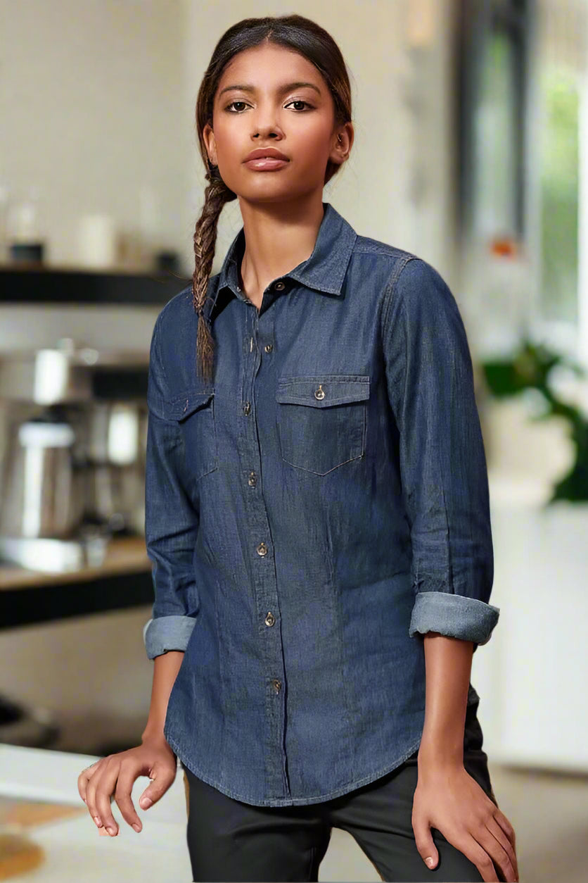 PR322: Ladies Jean Stitch Denim Shirt Womens Long Sleeve Shirts Premier
