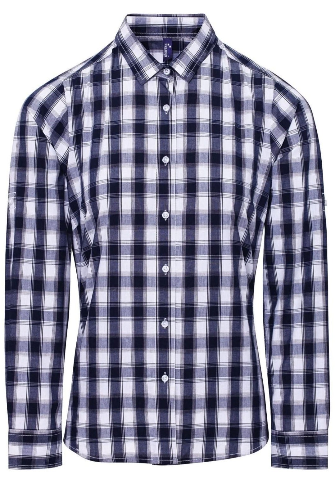 PR350: Mulligan Womans Check Shirt Womens Long Sleeve Shirts Premier White/Navy XS