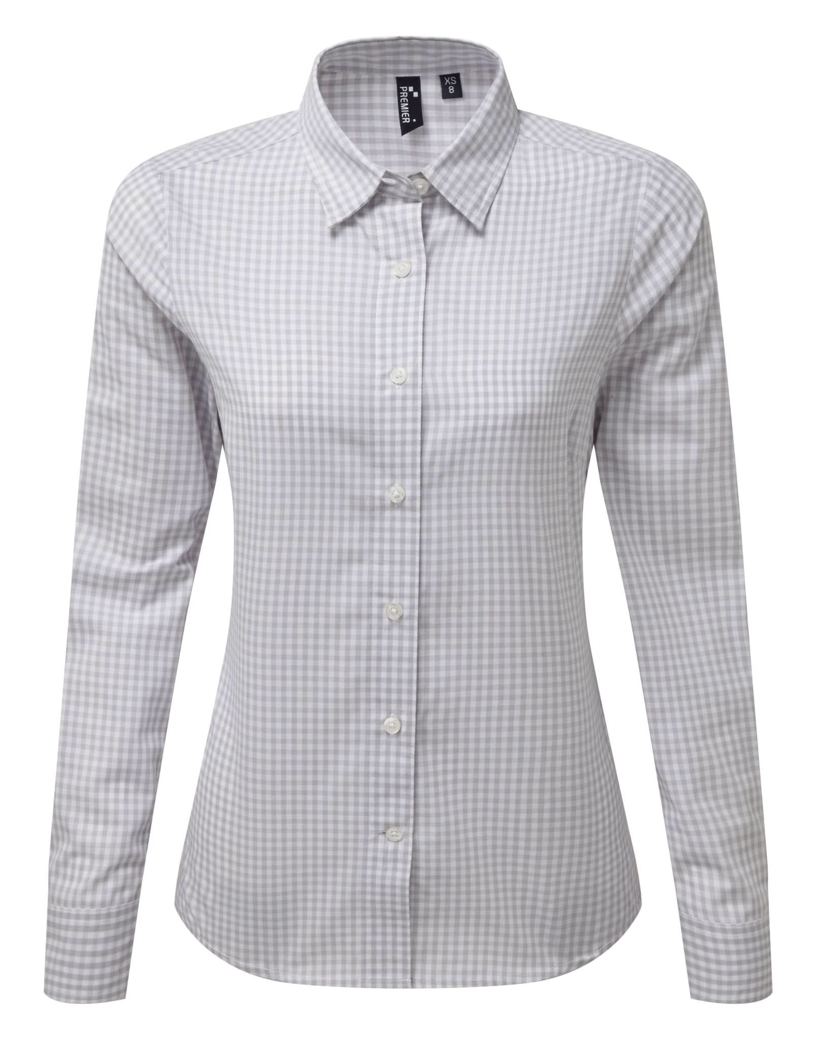 PR352: Ladies Maxton Check Shirt Womens Long Sleeve Shirts Premier Silver/White XS