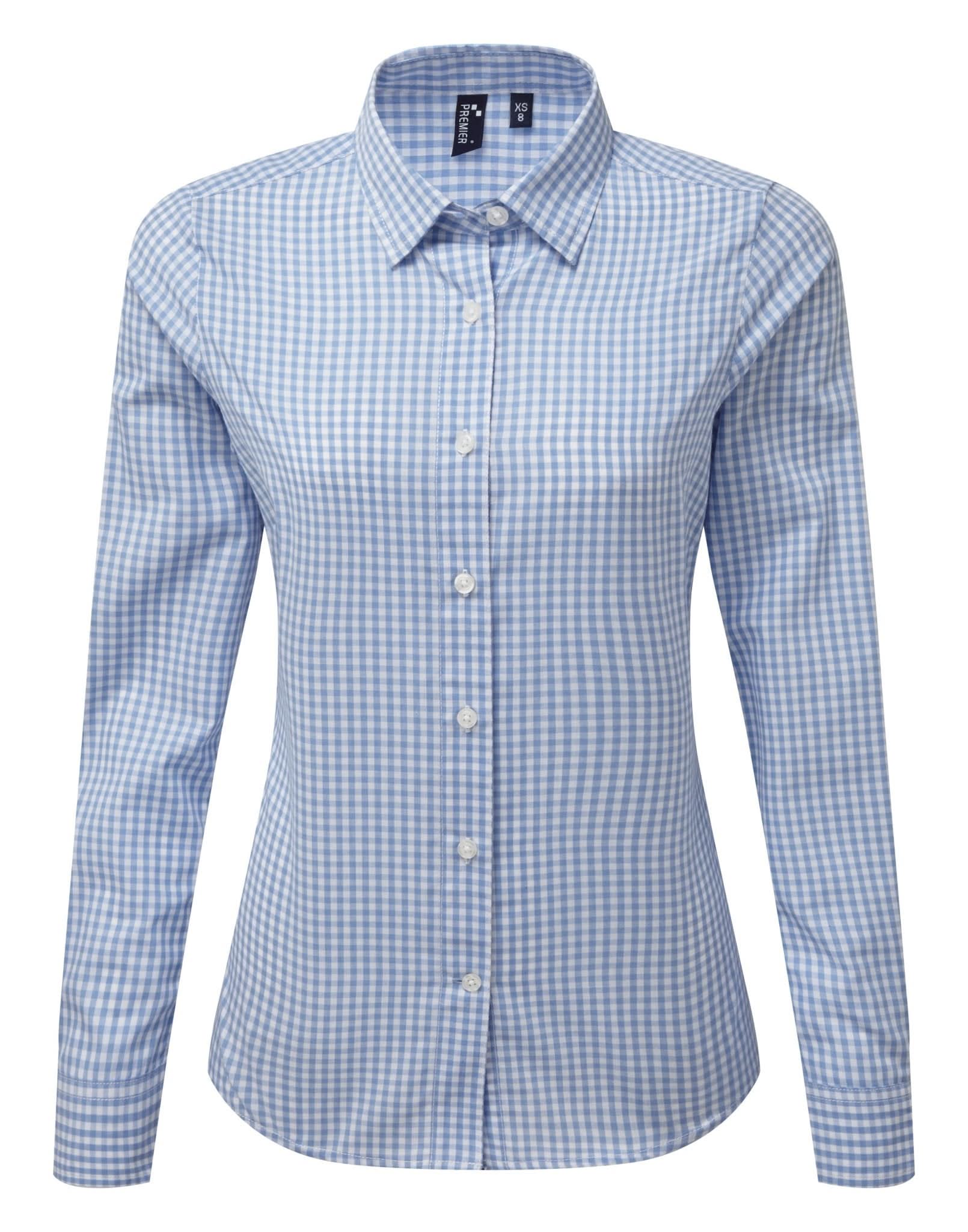 PR352: Ladies Maxton Check Shirt Womens Long Sleeve Shirts Premier Light Blue/White XS