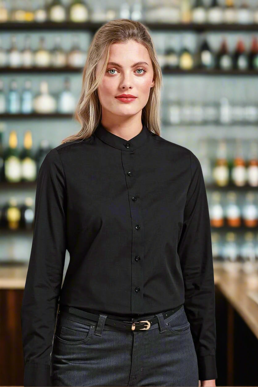 PR358: Ladies Grandad Shirt Womens Long Sleeve Shirts Premier Black XS