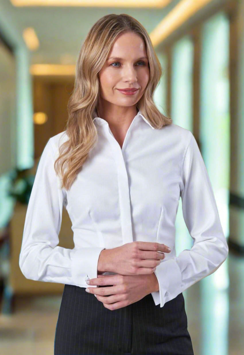 Villeta Ladies Herringbone Shirt Womens Long Sleeve Shirts Brook Taverner White Herringbone 6