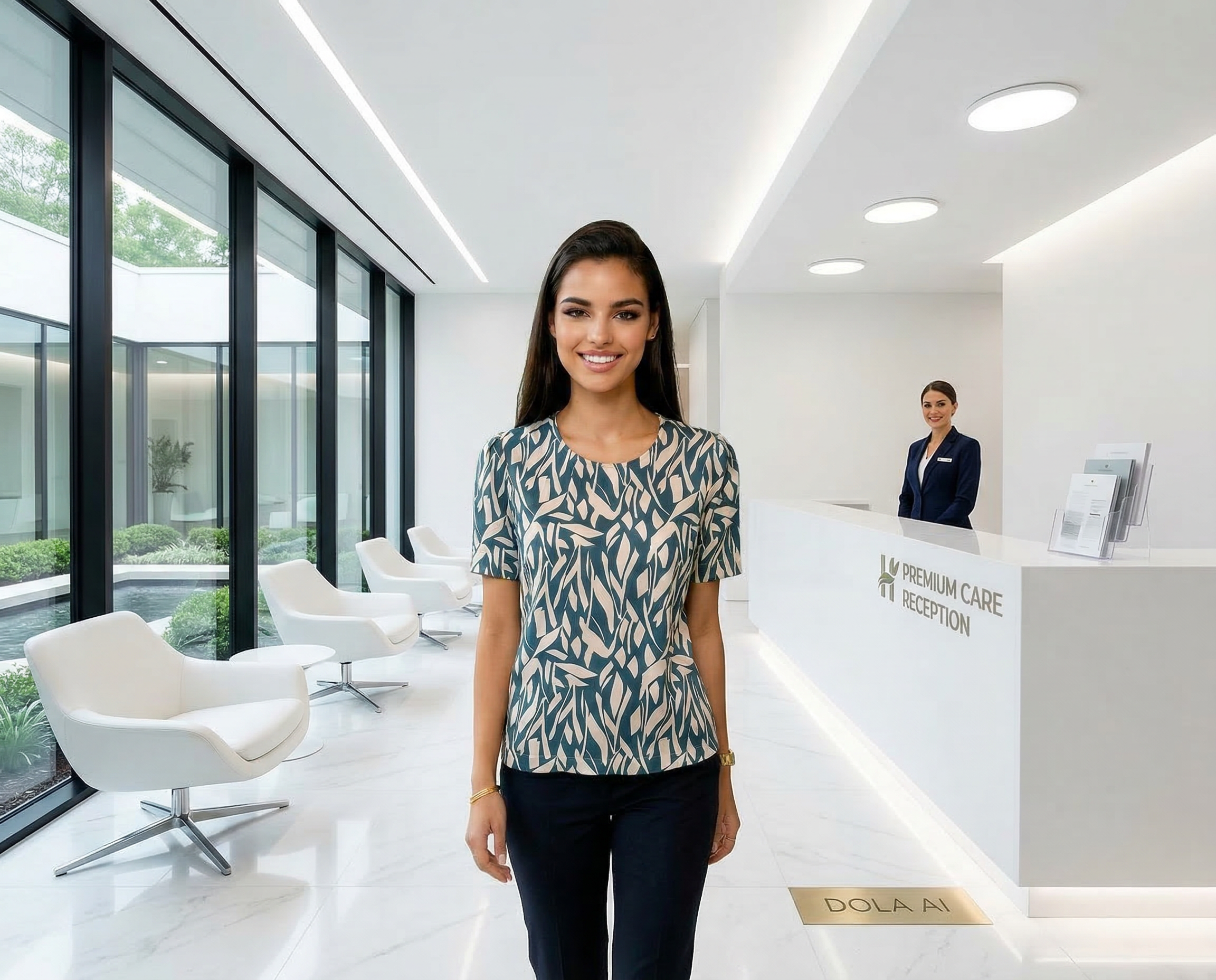 The woman is wearing an Arcaras Premium Work Blouse. This is a Bespoke Blouse made in a soft polyester