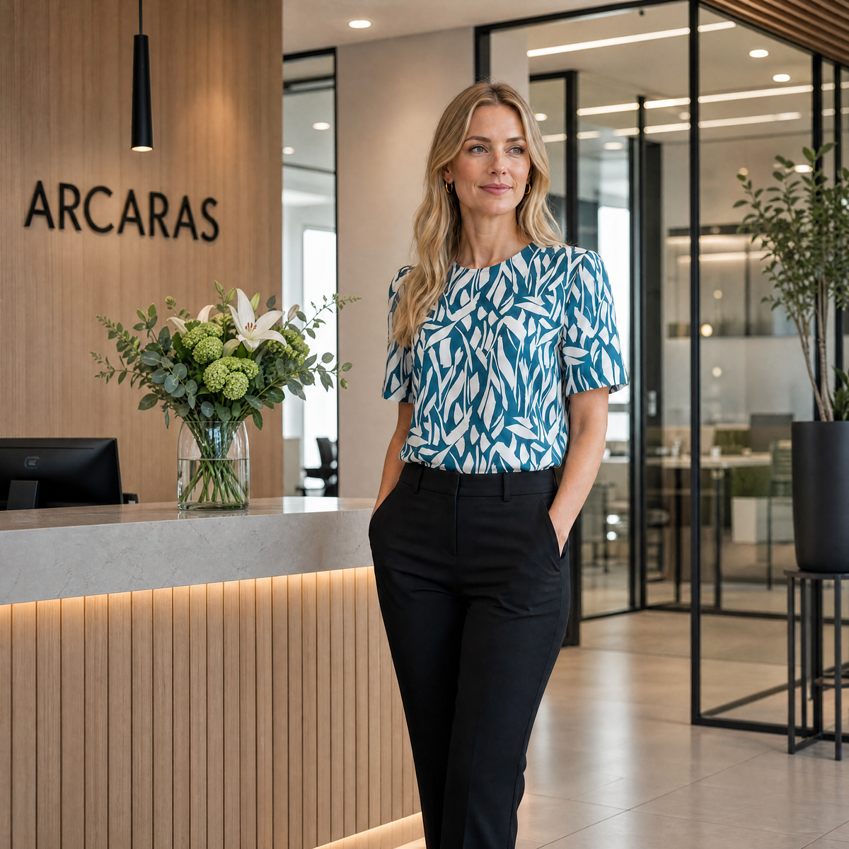 A woman stands in a modern office lobby wearing a blue and white patterned short-sleeve blouse with black trousers. The background features a reception desk with a wood slat front, a floral arrangement, and the brand name 'ARCADAS' on a wood-paneled wall.