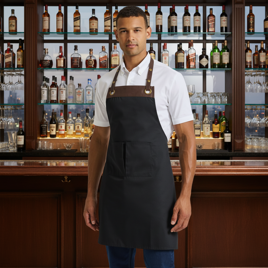 A man wearing a bar apron stood inside the bar area of a restaurant