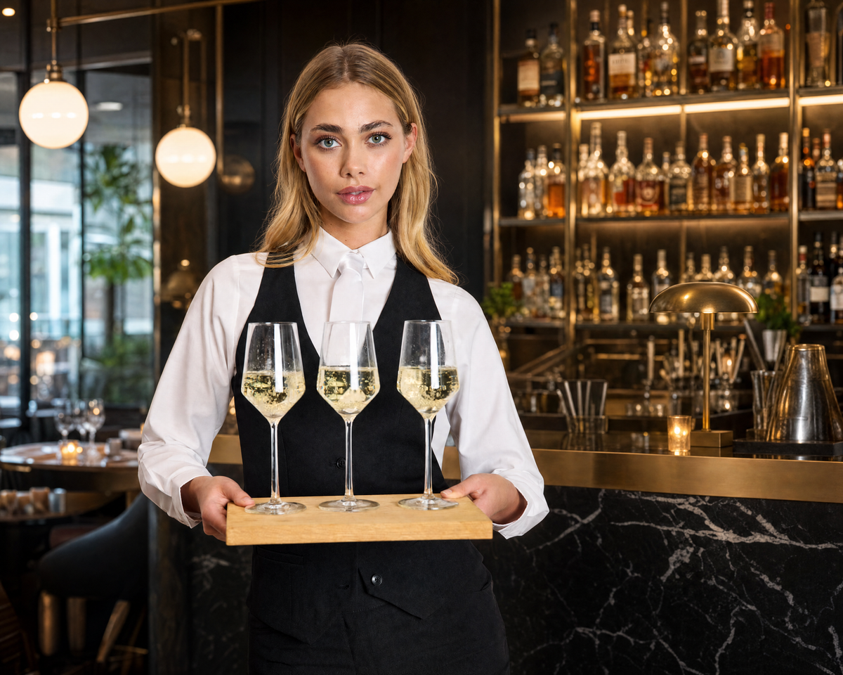 A female bartender in a white shirt and black vest holds a wooden tray with three filled wine glasses in a modern bar setting with shelves of bottles in the background.