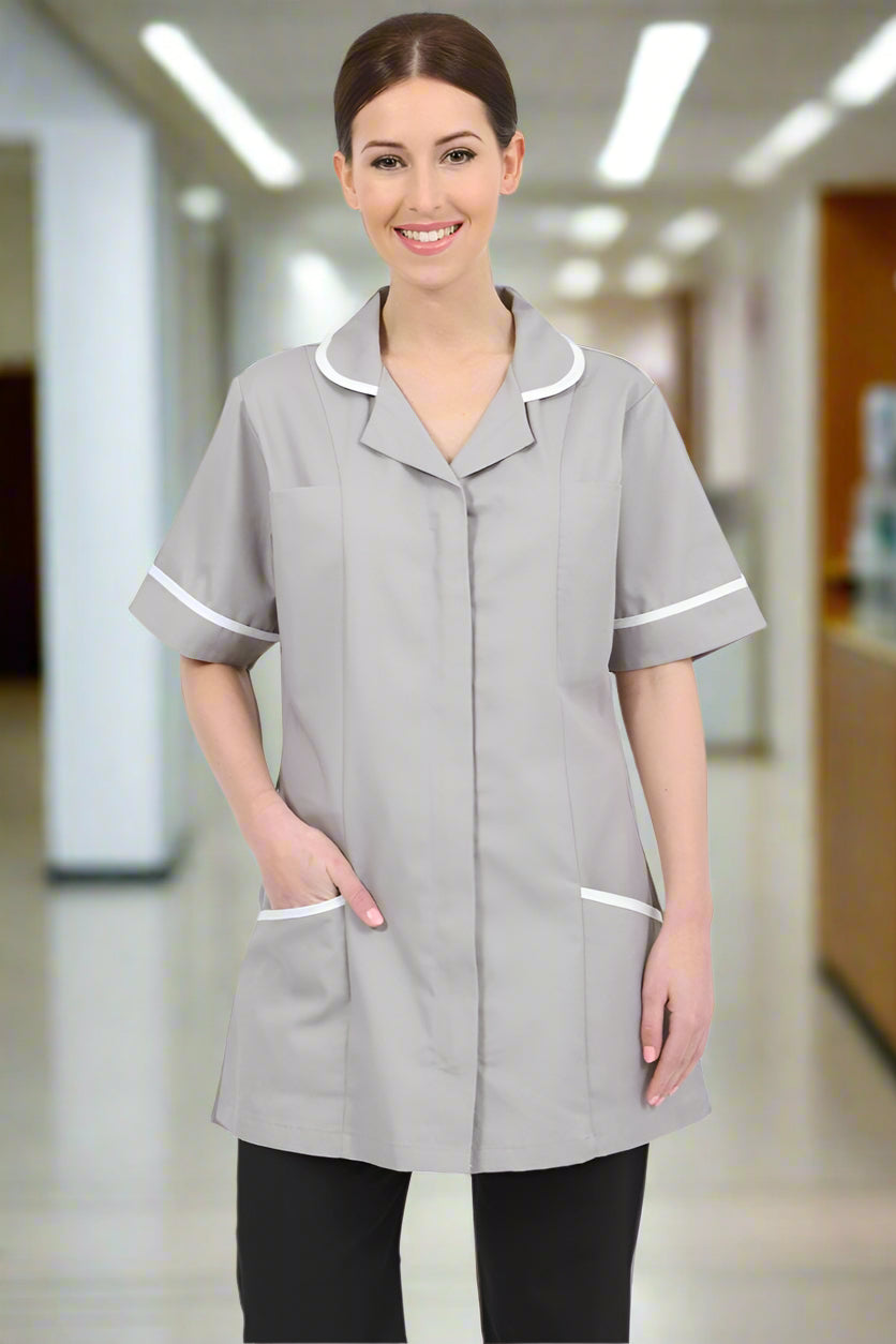 NCLT - Ladies Round Collar Tunic Grey / White Trim Behrens