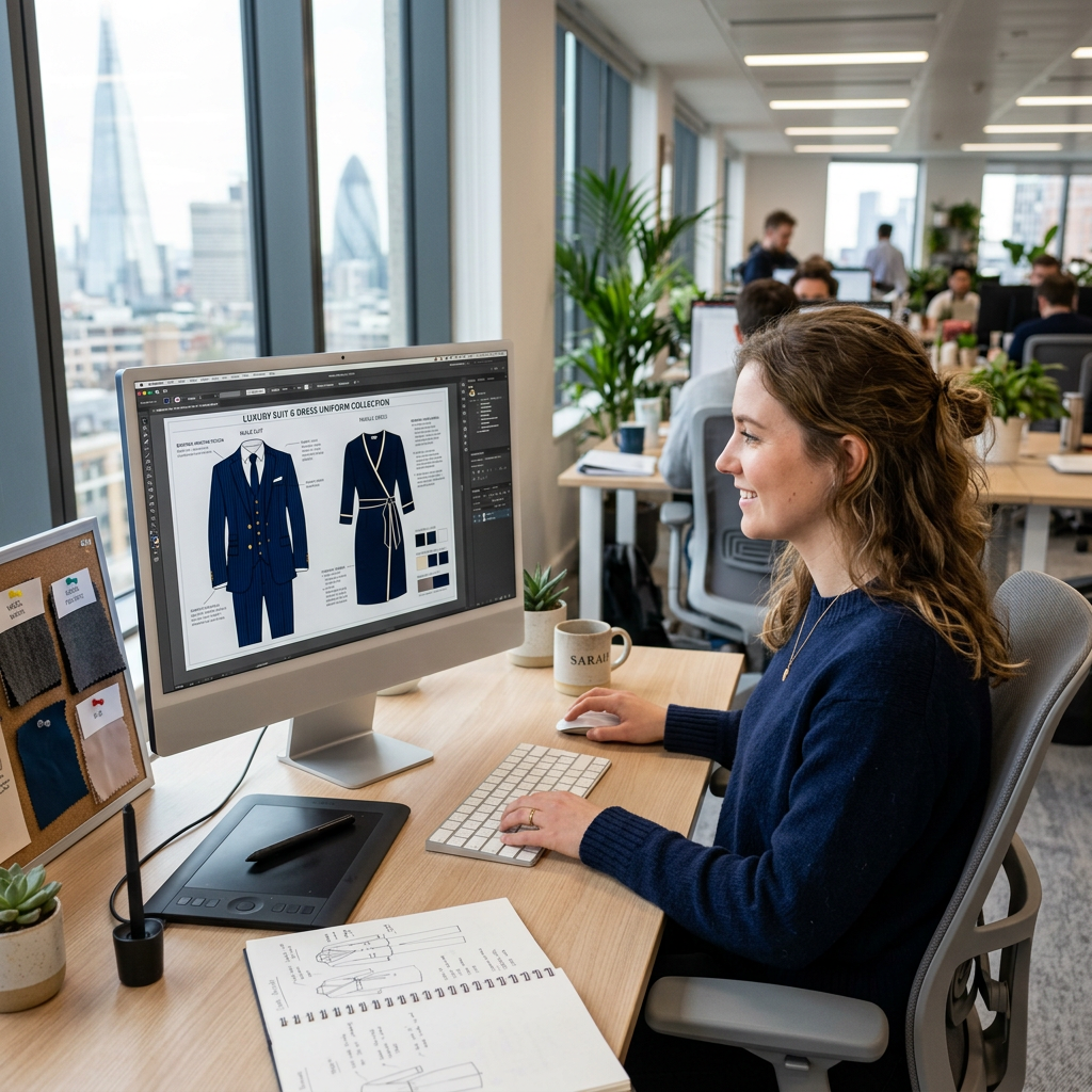 a woman in front of a computer designing bespoke uniforms for a work uniform company