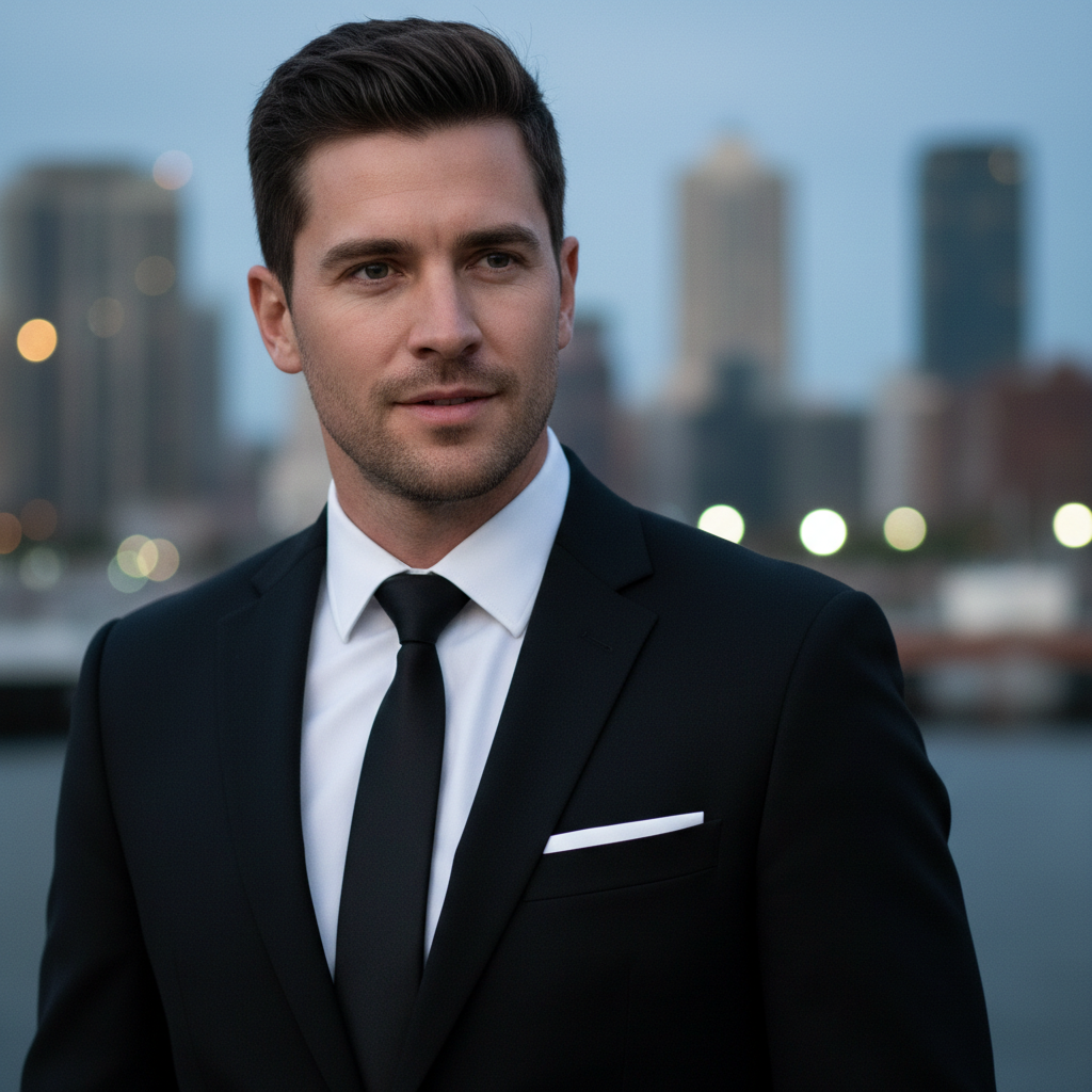 A man in a black suit wearing a black tie or a black funeral tie 