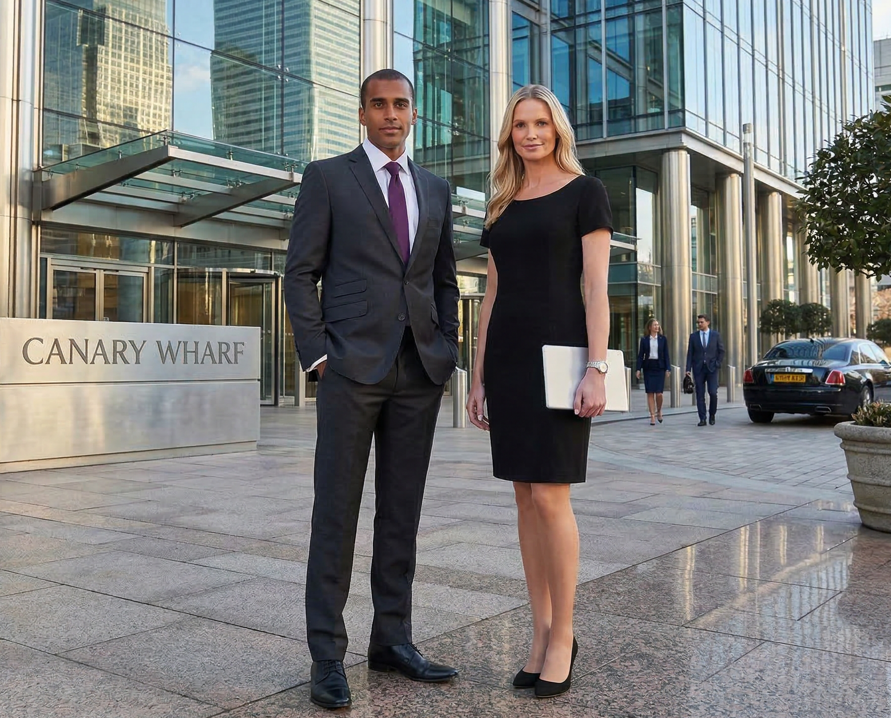 A man and a woman stood at Canary Wharf in London wearing Brook Taverner Suits, the men on the left is wearing a Navy Brook Taverner suit and the woman a black brook taverner work dress