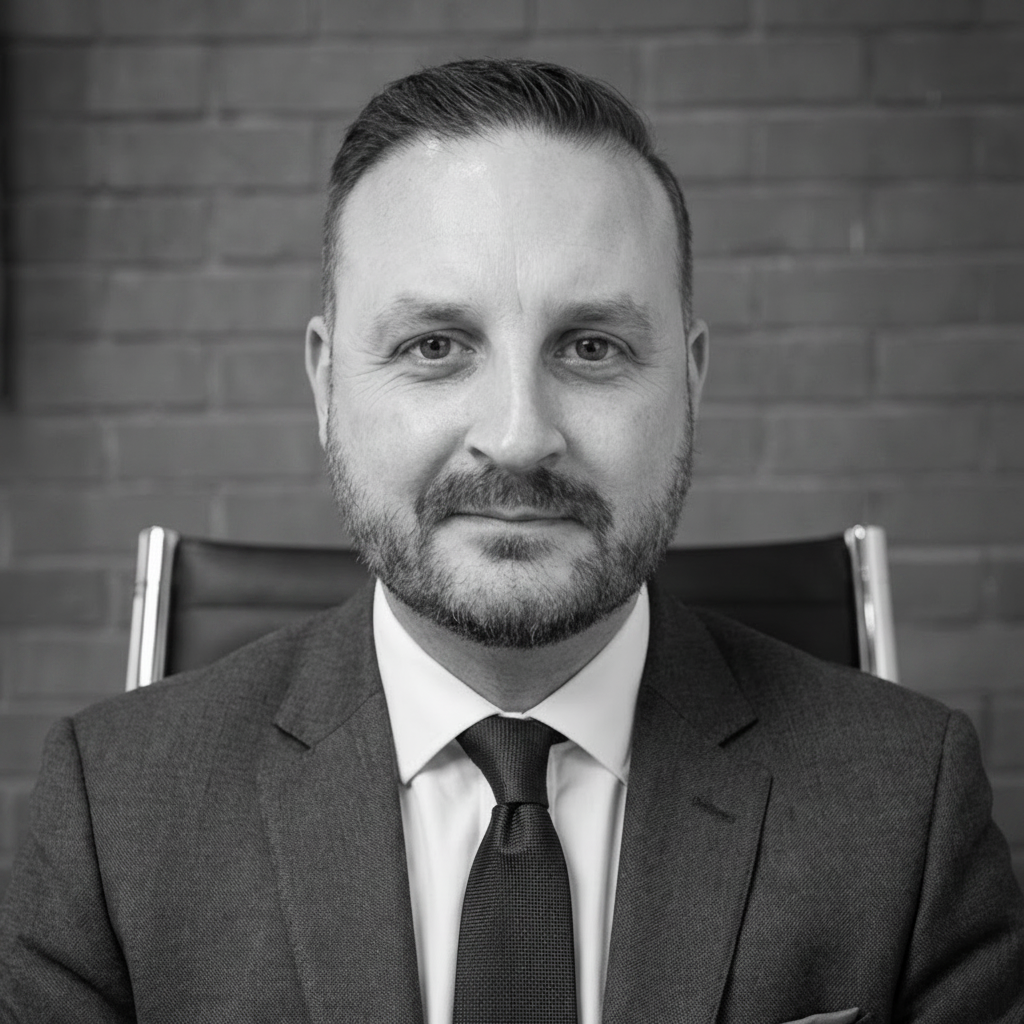 Man in a suit and tie sitting in front of a brick wall