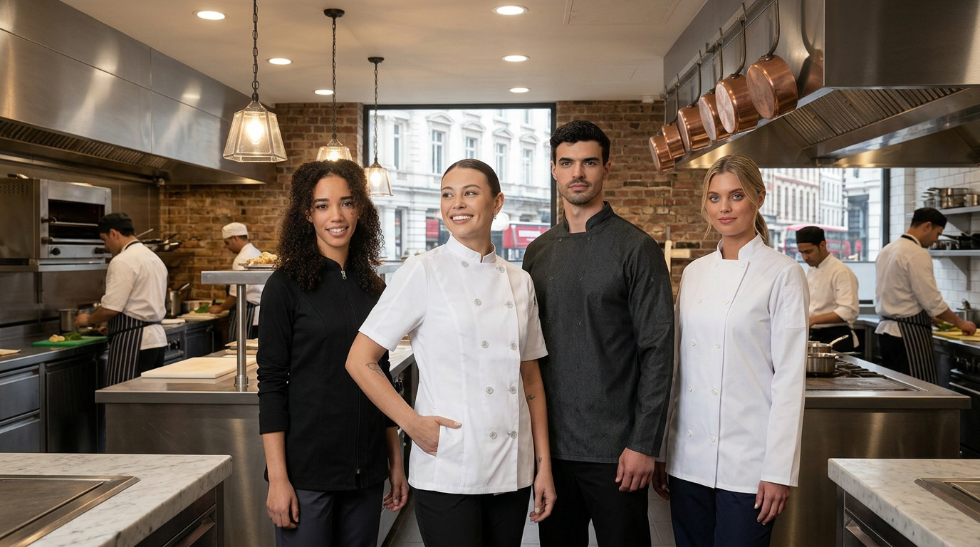 4 chefs wearing chef whites, 2 females are wearing white chef jackets, a male chef is wearing a grey chef jacket and a female chef is wearing a black chef jacket