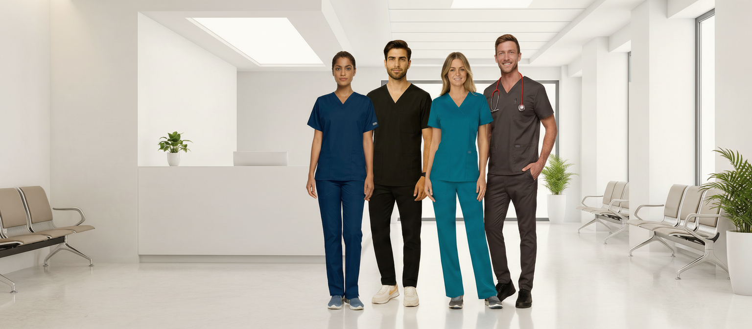 Four healthcare professionals in scrubs standing in a modern hospital waiting area. They are wearing Cherokee Scrubs