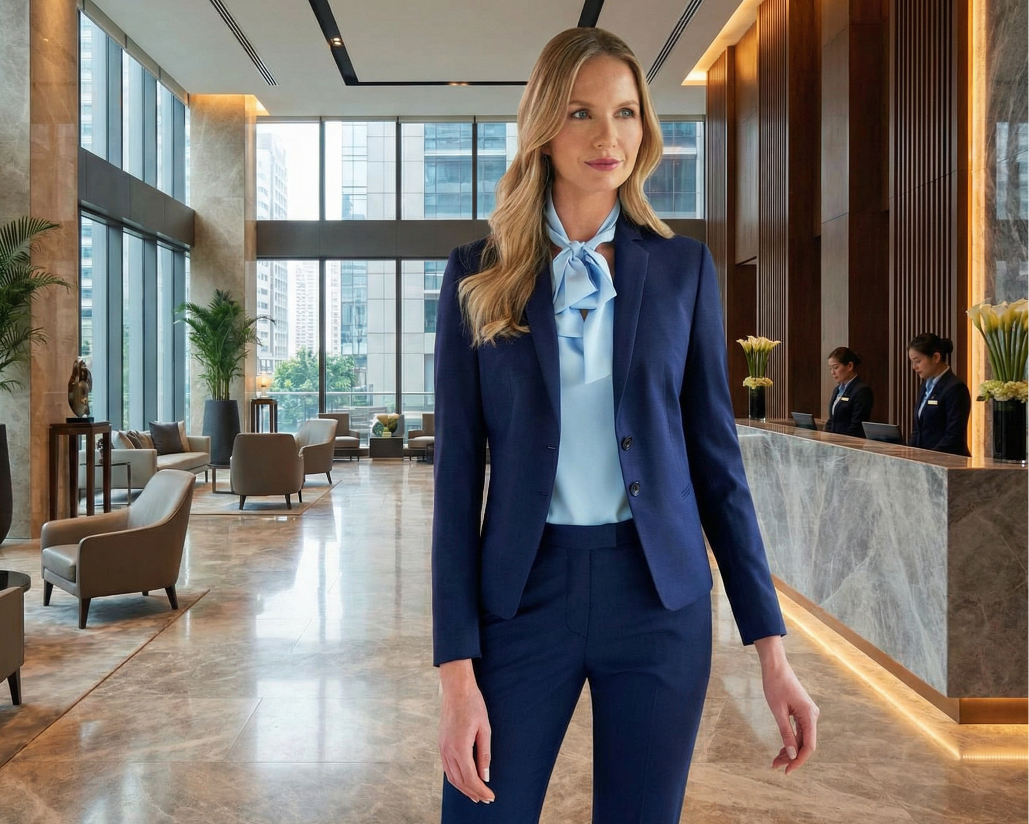 A female wearing a blue slim fit office suit jacket inside a luxury hotel reception