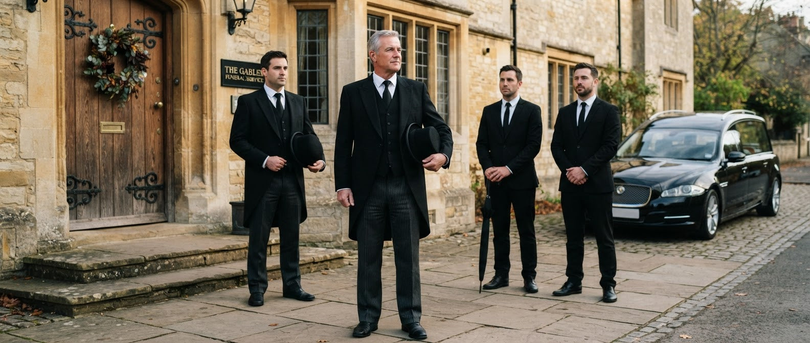 Funeral Directors Wearing the uniforms which are black suits, mourning trousers and black funeral overcoats