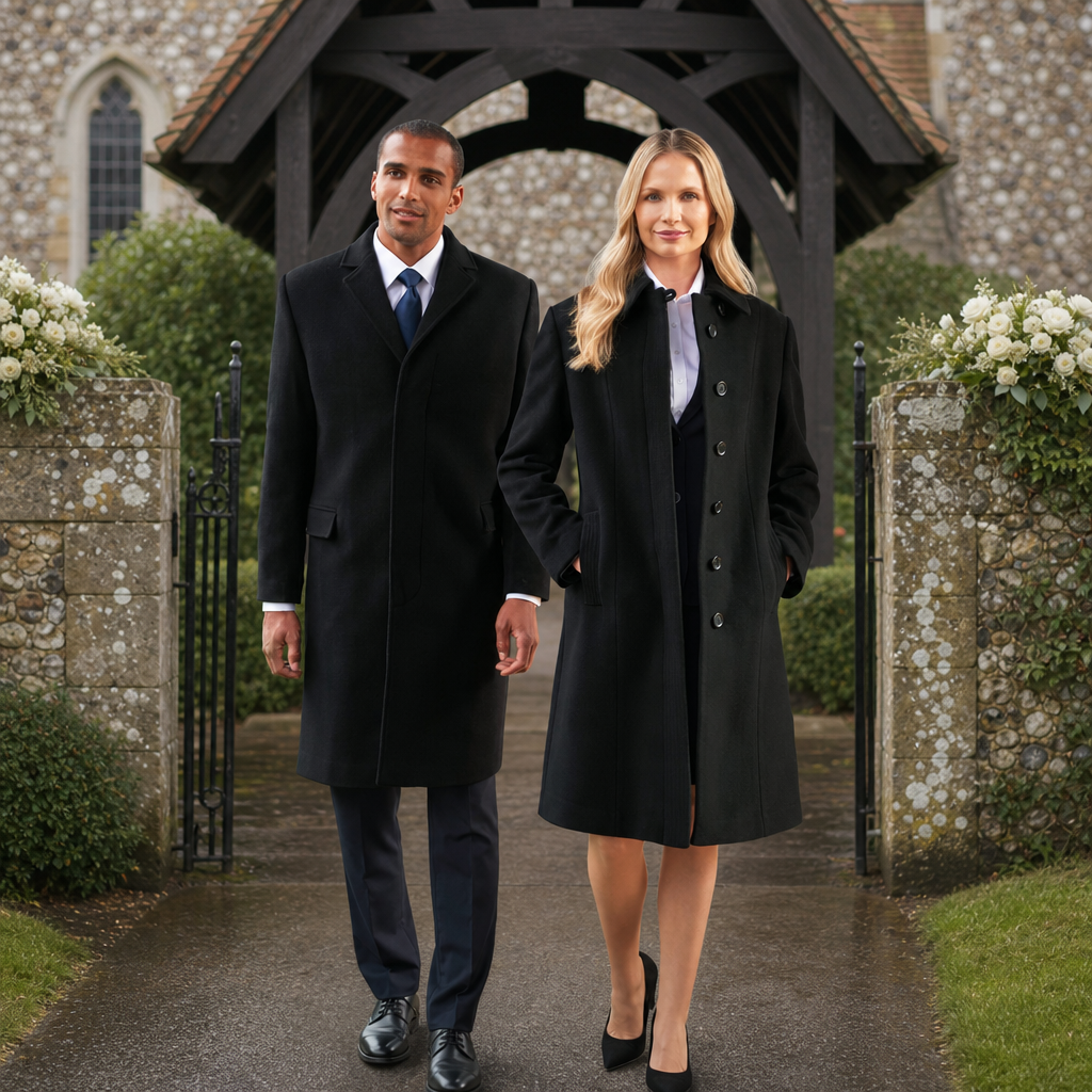 Long Black Funeral Overcoats. a man and a woman wearing black wool funeral overcoats
