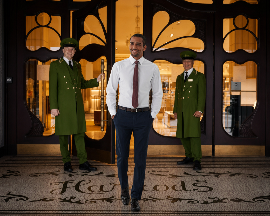 A man wearing a shirt outside harrods
