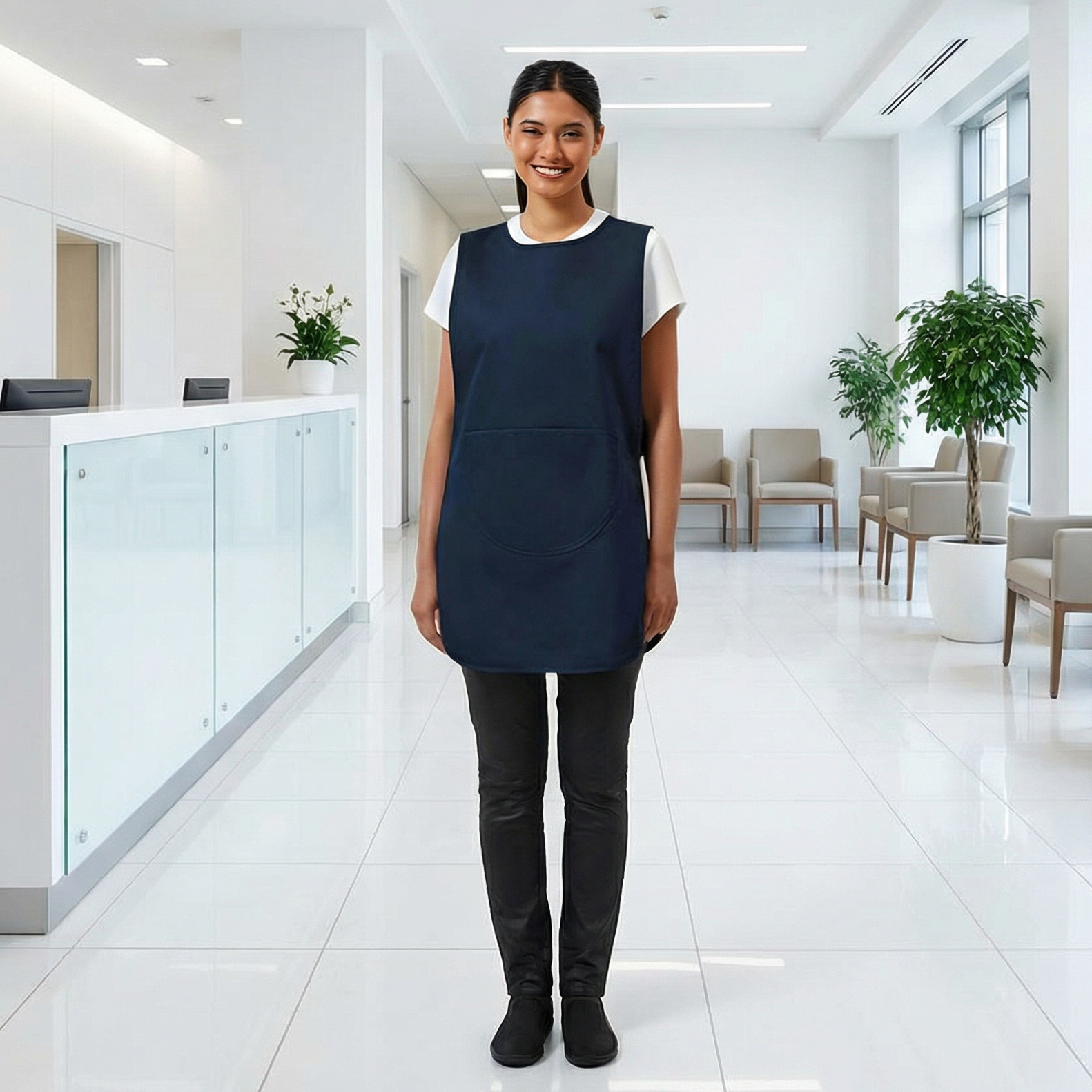 A woman wearing a Navy Healthcare Tabard