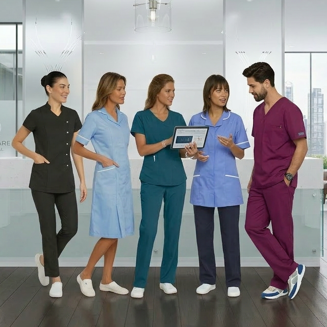A group of Healthcare professionals wearing NHS Healthcare uniforms including scrubs and beauty tunics