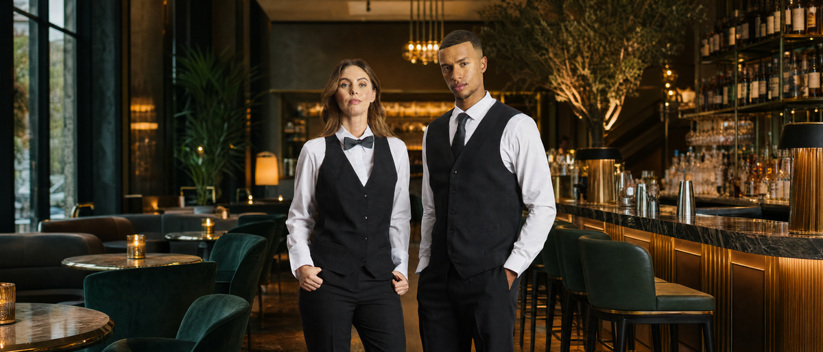 A man and a woman standing in a bar or restaurant setting, both wearing matching black vests, white dress shirts, black bow ties, and black trousers.