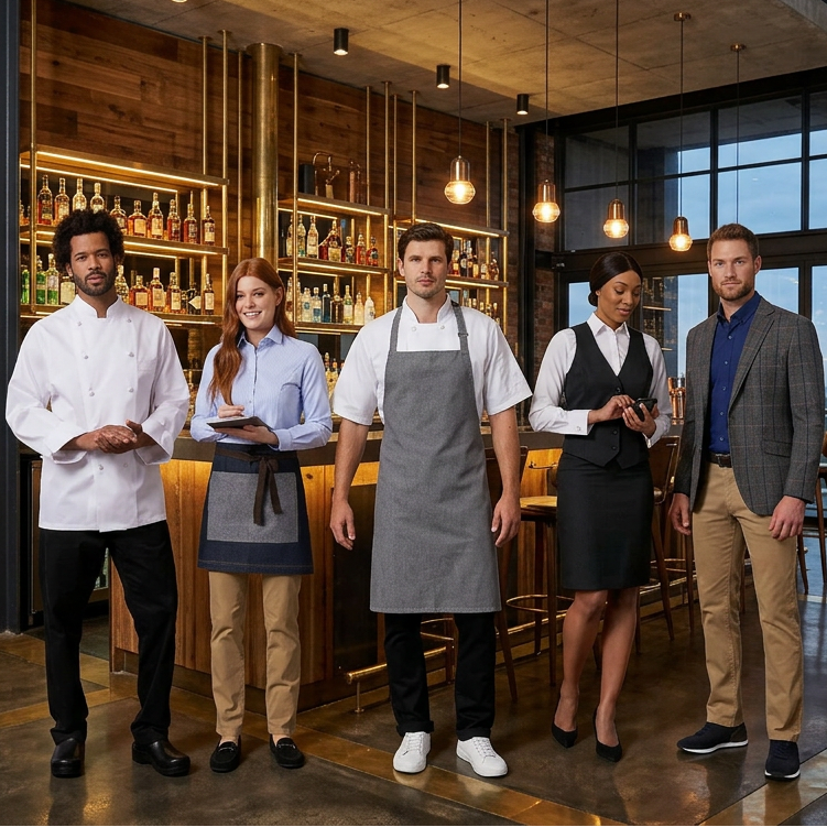 Hotel Uniform wearers in a luxury hotel there is a chef wearing chef whites, a bar tender, a waiter and a bar manager