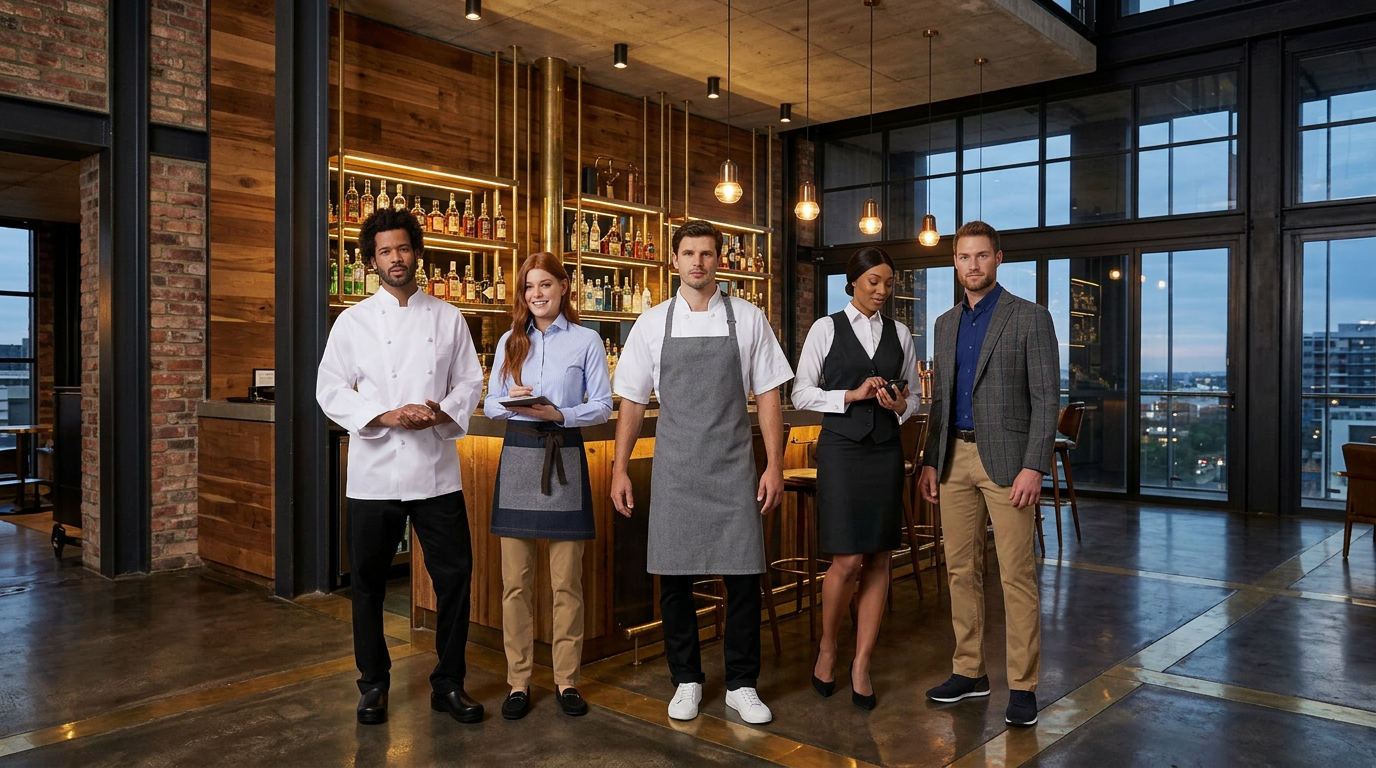 5 staff members wearing hospitality uniforms stood in a high end restaurant in London