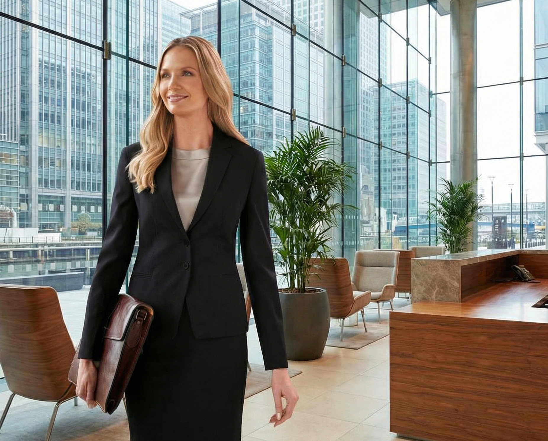 A modern lady in a suit jacket inside a luxury office in London she is wearing a black suit jacket and is probably a lawyer or solicitor