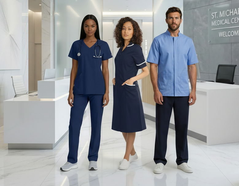 Three healthcare professionals standing in a modern medical center lobby.
