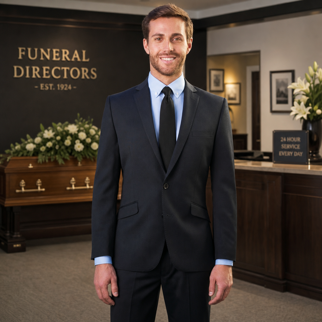 Funeral Suits for Men, a man wear8ng a black suneral suit and a black funeral tie 