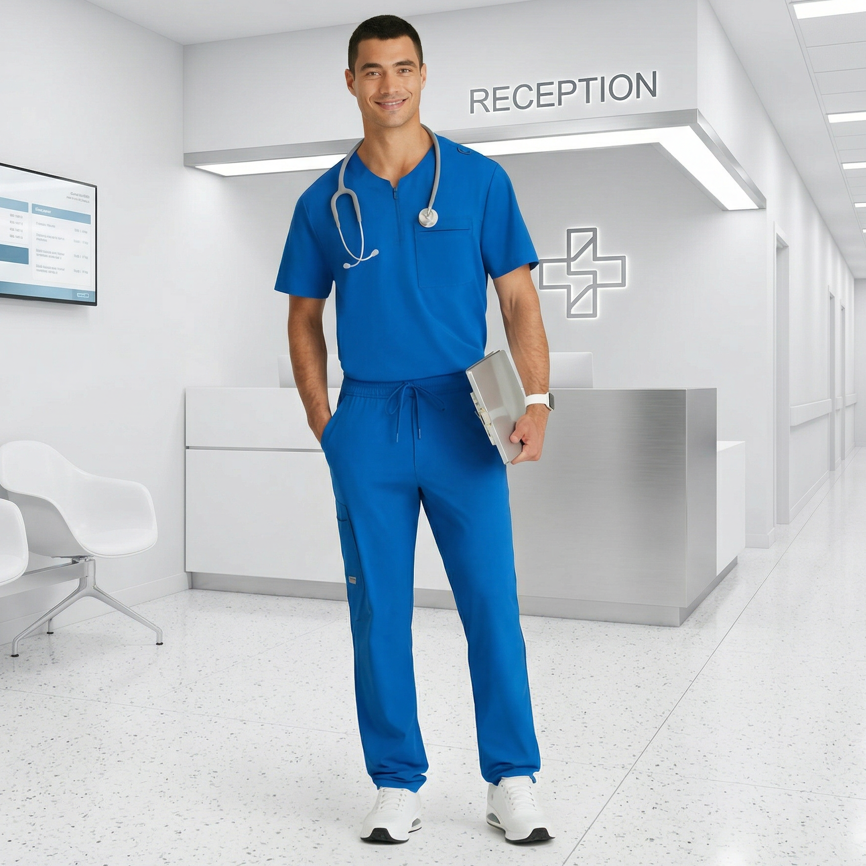 A man wearing a scrubs set stood inside a hospital recepition