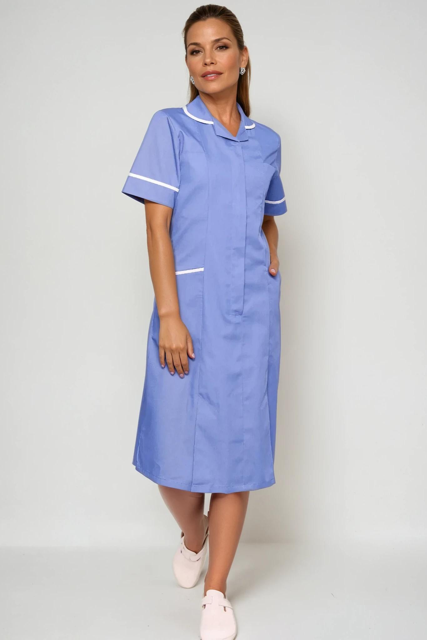 NCLD - Nurse Dress in Metro Blue with White Trim Healthcare Dress Behrens Metro Blue 6 Short