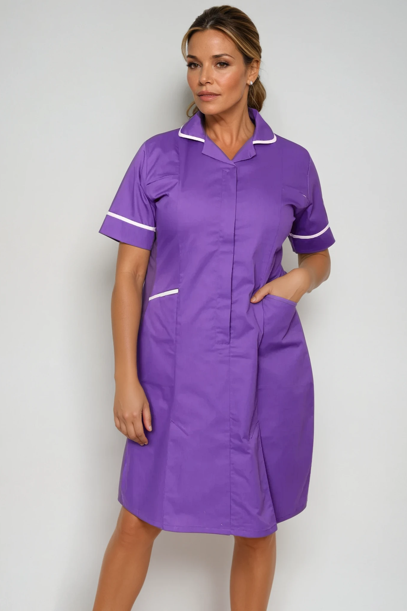 NCLD - Nurse Dress in Purple with White Trim Healthcare Dress Behrens Purple 6 Short