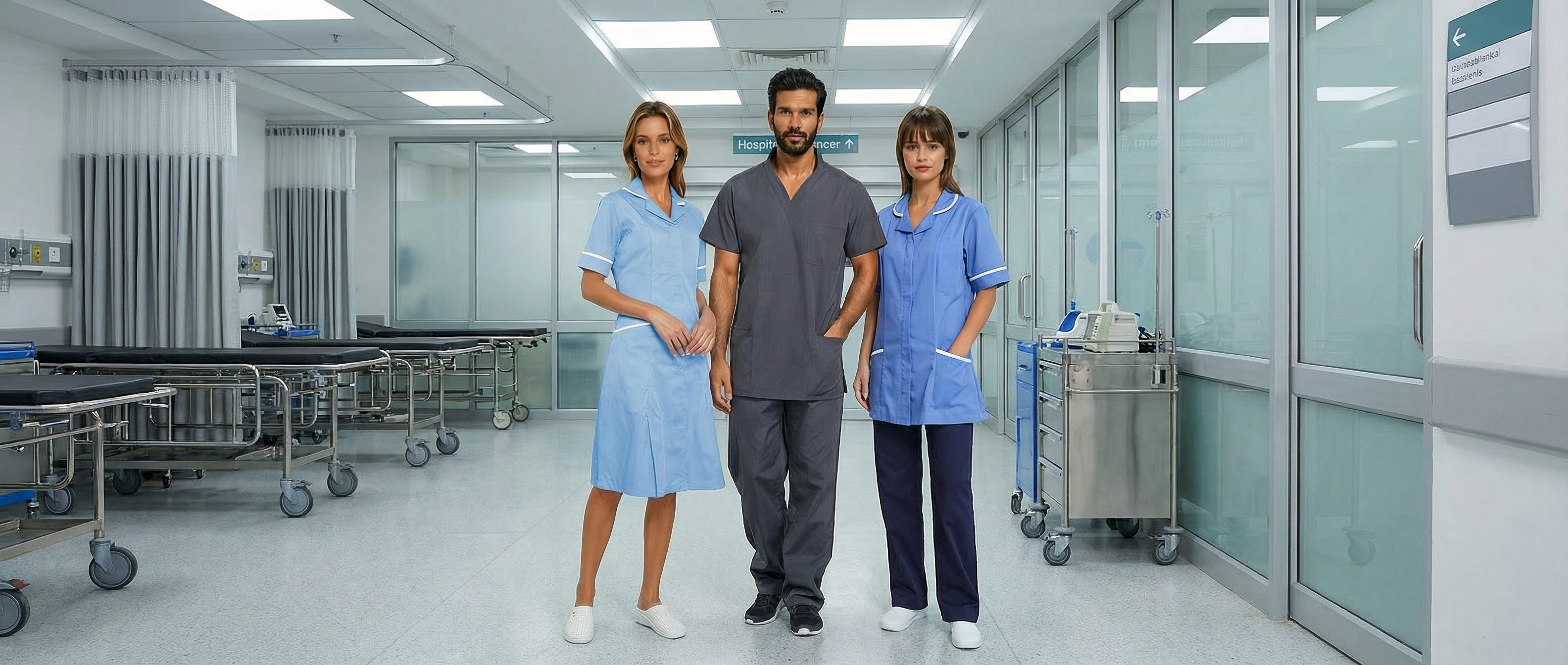 a woman wearing a blue nhs nurse dress, a man wearing grey scrubs and a female wearing a blue nhs hospital tunic stood in a hospital