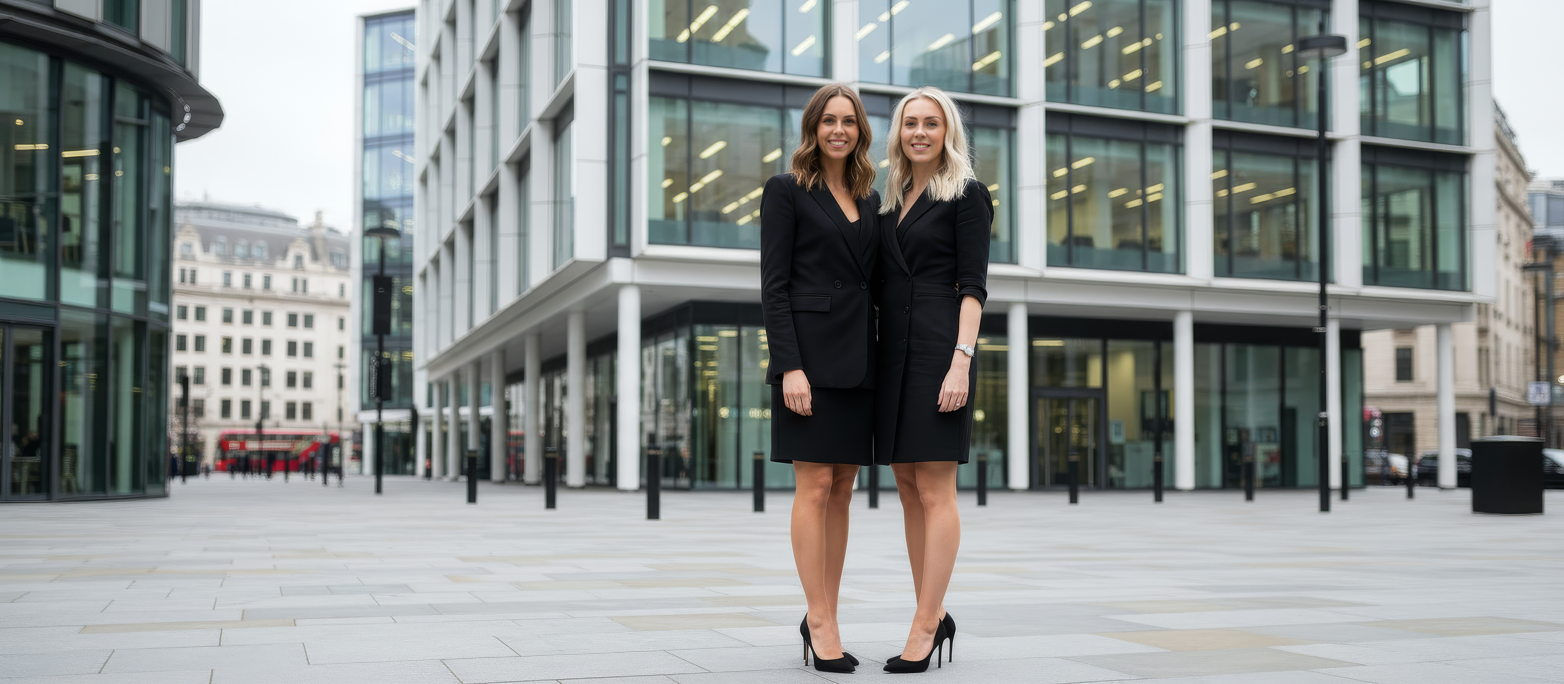 Rebecca Luscombe and Shauna Tiplady stood outside a modern office block in Manchester they are wearing work clothes and high heels