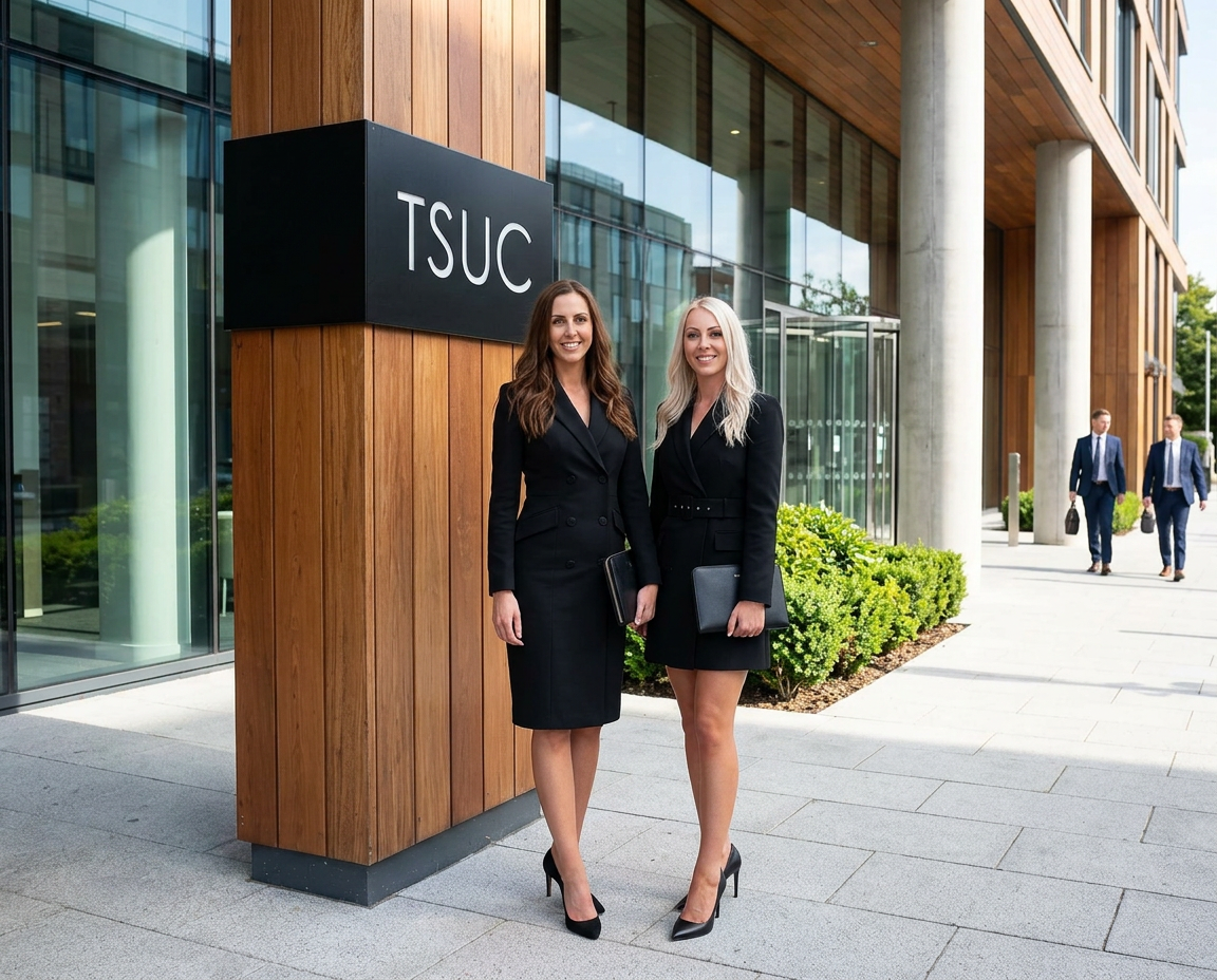 Rebecca Luscombe and Shauna Tiplady Stood outside of The Staff Uniform Companies London Office. They are wearing black suit dresses