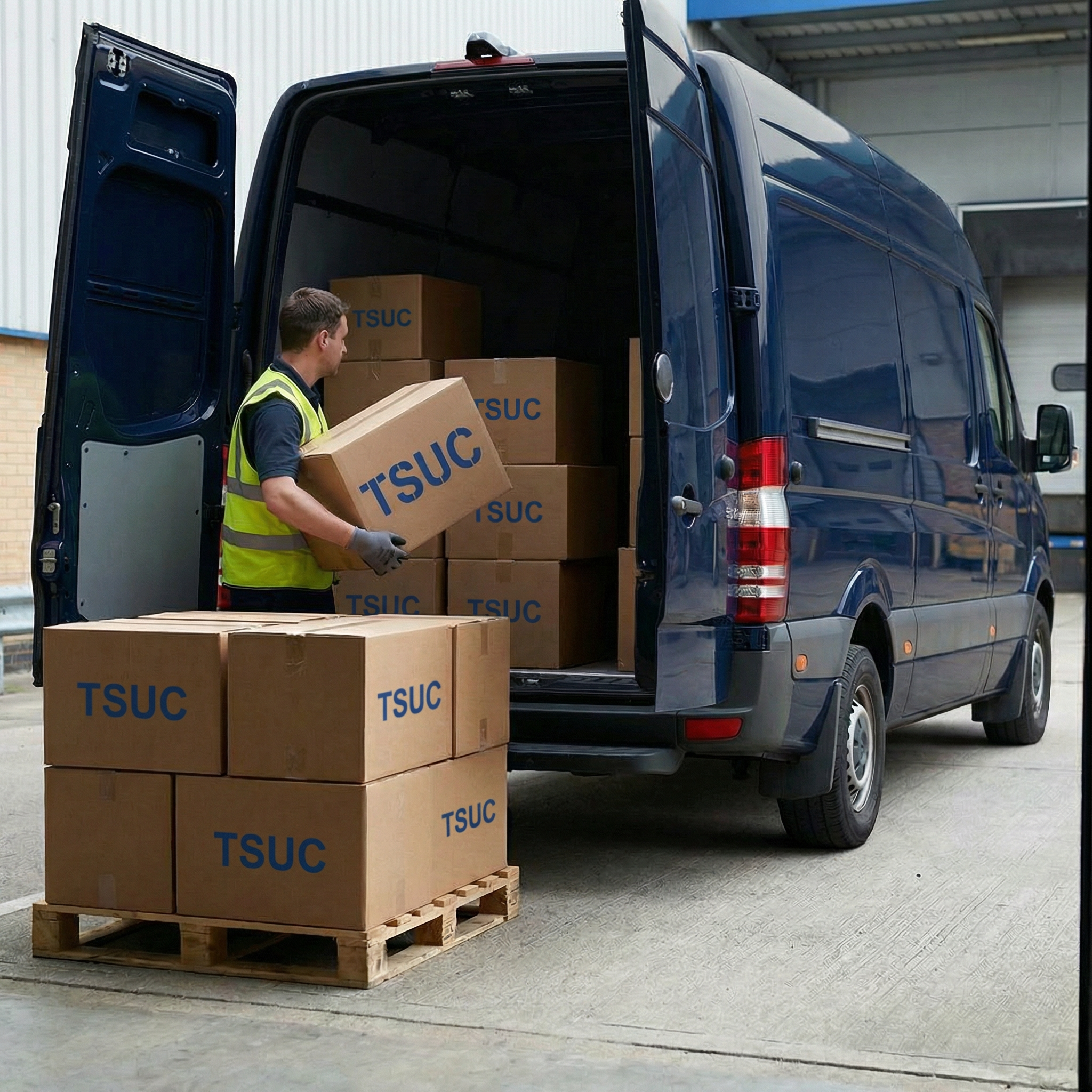 A man loading Staff Uniform Company Boxes into a van. The boxes contain work clothes