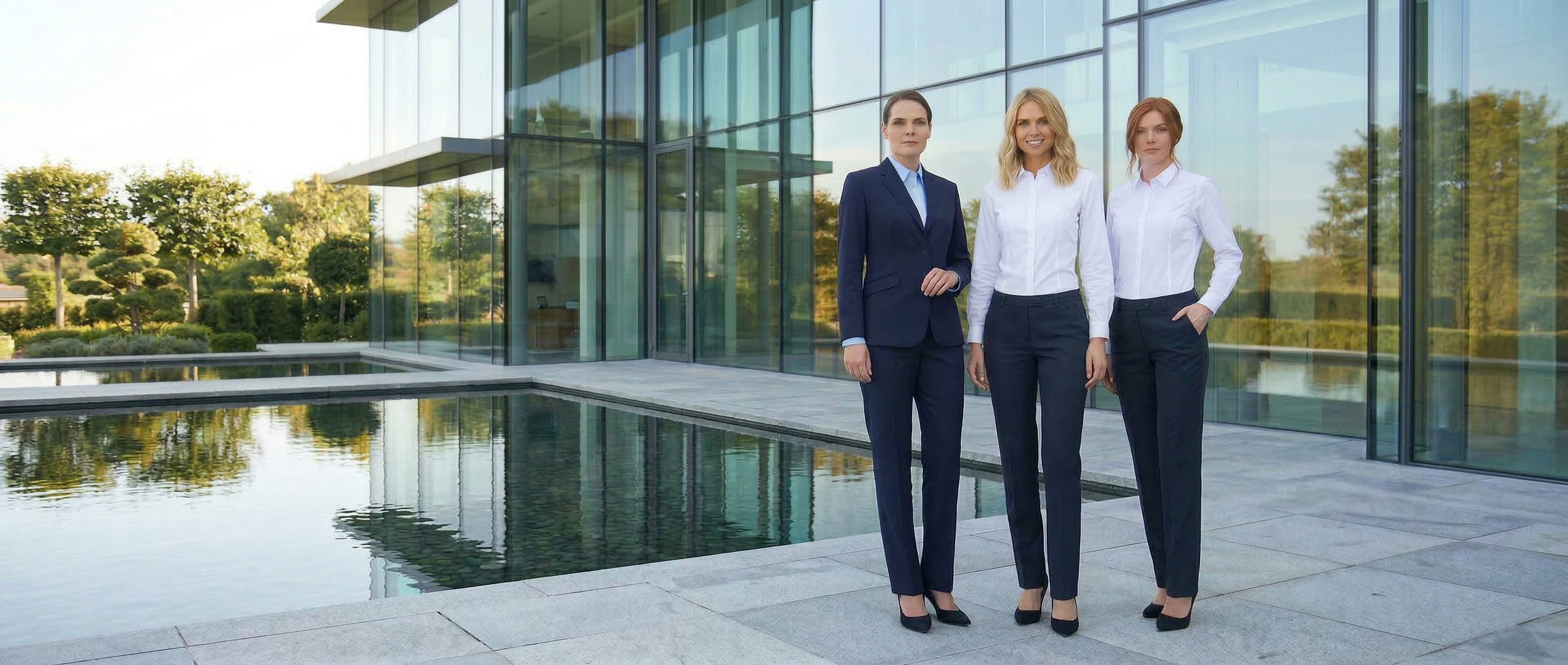 3 women stood outside a luxury facility wearing Brook Taverner Concept Collection Suiting